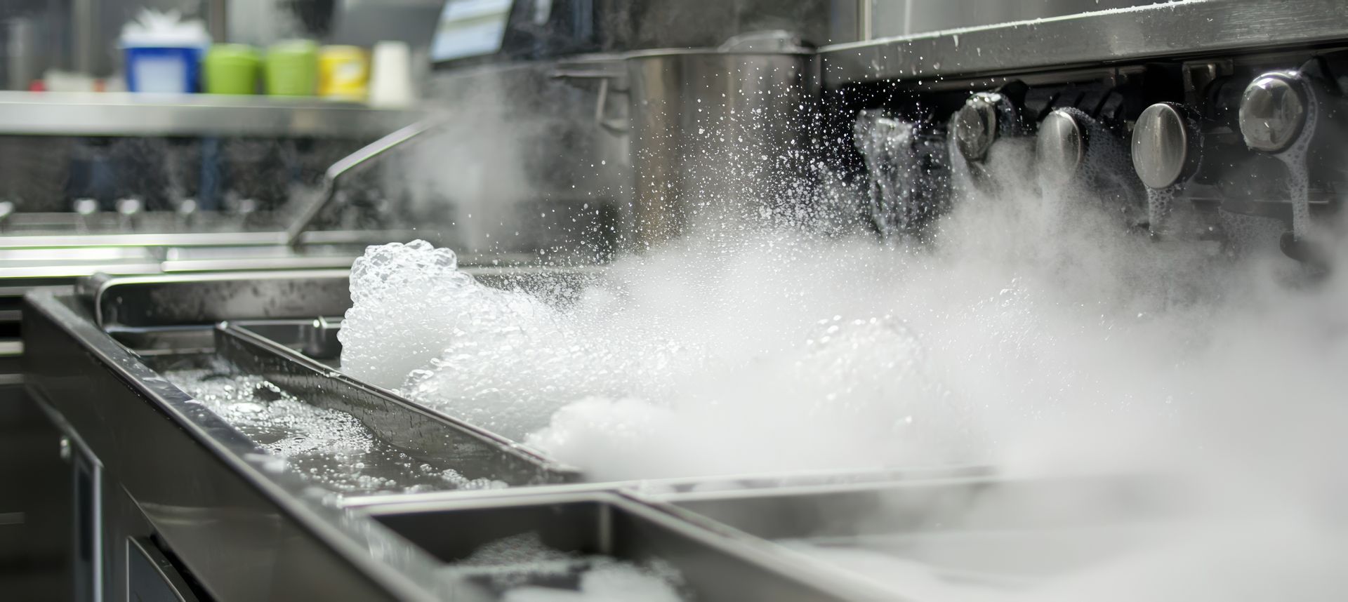 Lave-vaisselle industriel pulvérisant de l'eau chaude et de la vapeur sur la vaisselle dans une cuisine en acier inoxydable.