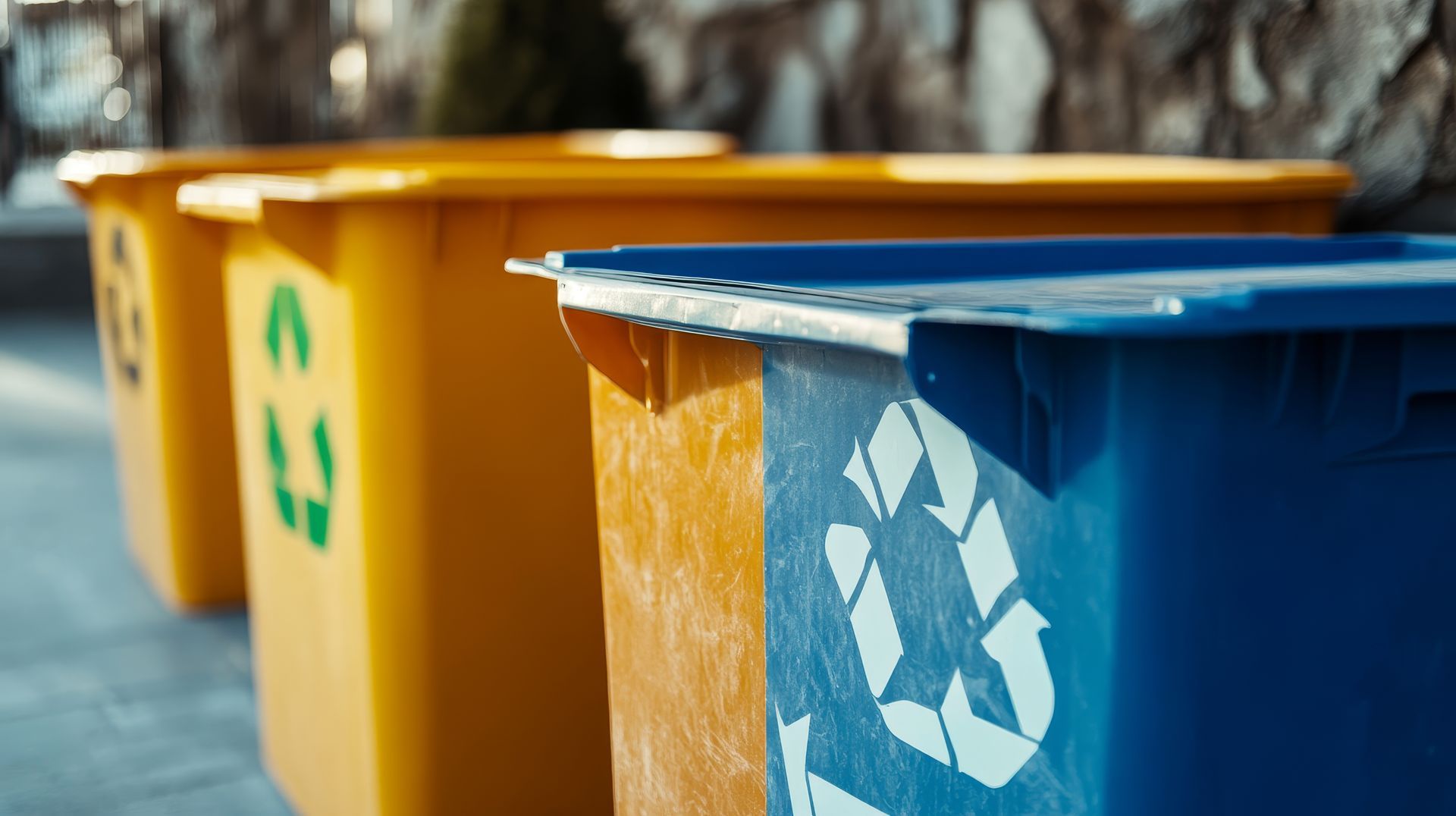 Des poubelles de recyclage bleues et jaunes alignées à l'extérieur, avec des symboles de recyclage sur le devant.