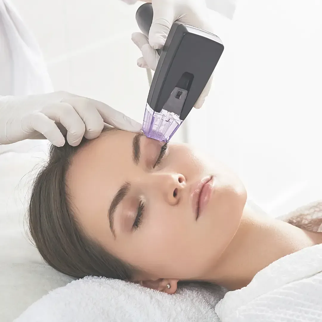 Mujer recibiendo tratamiento de microagujas en el rostro con los ojos cerrados. El profesional sostiene el dispositivo sobre el contorno de ojos en un entorno clínico.