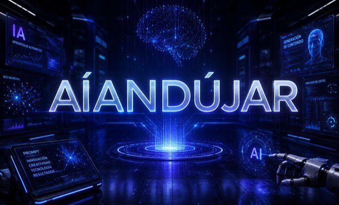 Interfaz futurista de IA de color azul con la palabra “AIANDÚJAR” brillando sobre un paisaje urbano digital.