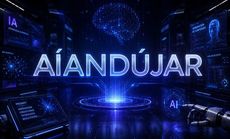 Interfaz futurista de IA de color azul con la palabra “AIANDÚJAR” brillando sobre un paisaje urbano digital.