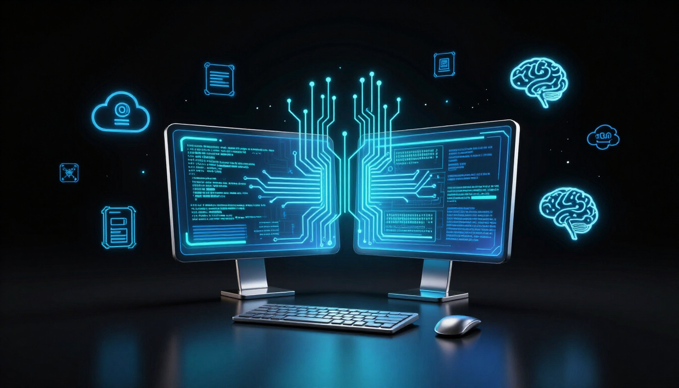 Código azul brillante en dos monitores con teclado, ratón y gráficos de IA con forma de circuito sobre un escritorio oscuro.