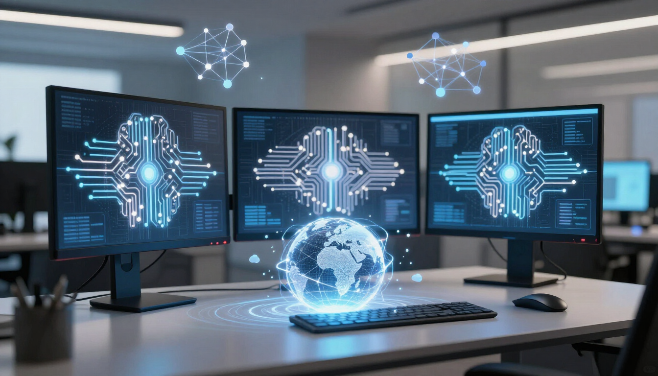 Espacio de trabajo futurista con tres monitores con temática de IA y un globo holográfico brillante sobre un escritorio.