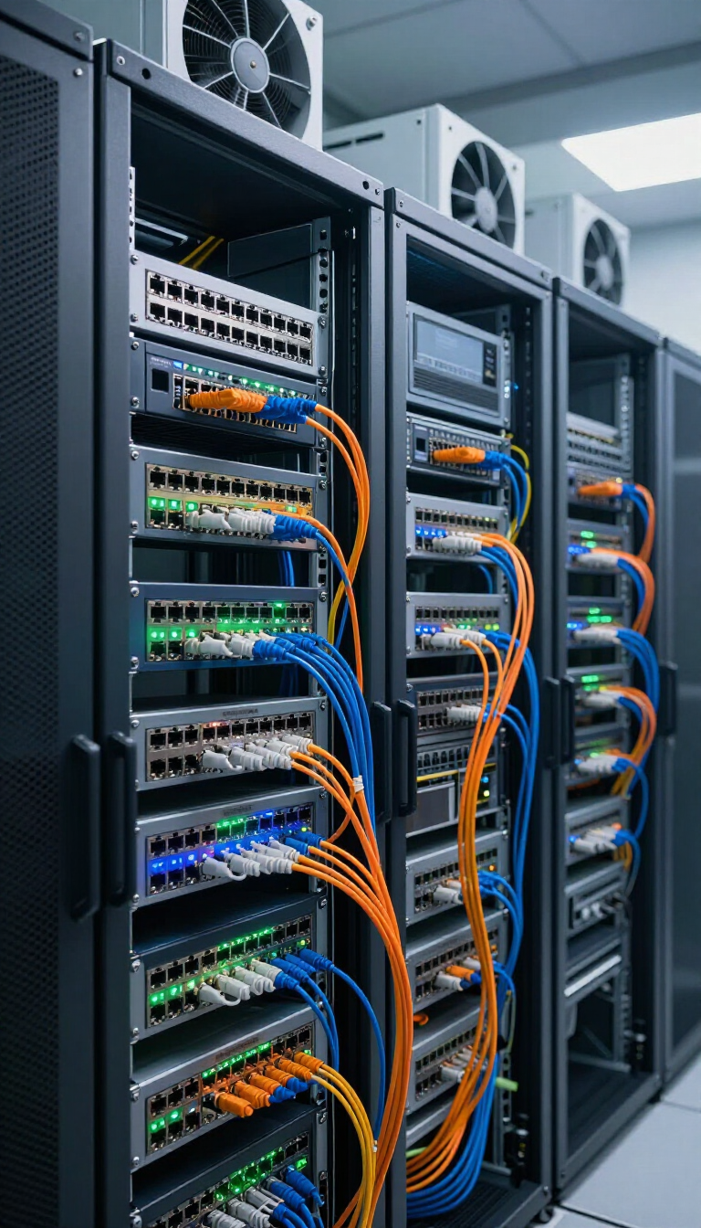 Racks de servidores con cables de red azules y naranjas en una sala de centro de datos