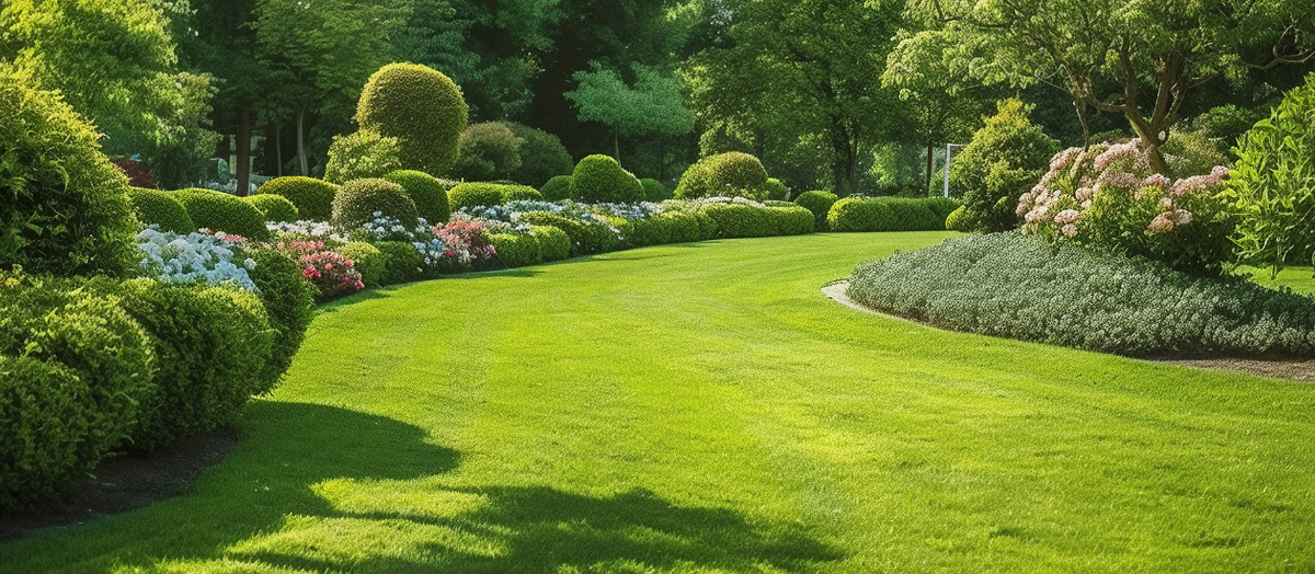 Une pelouse verte luxuriante entourée d'arbres et d'arbustes dans un jardin.