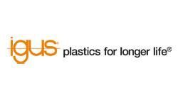 Das Logo von igus Plastics for Longer Life ist orange und weiß.