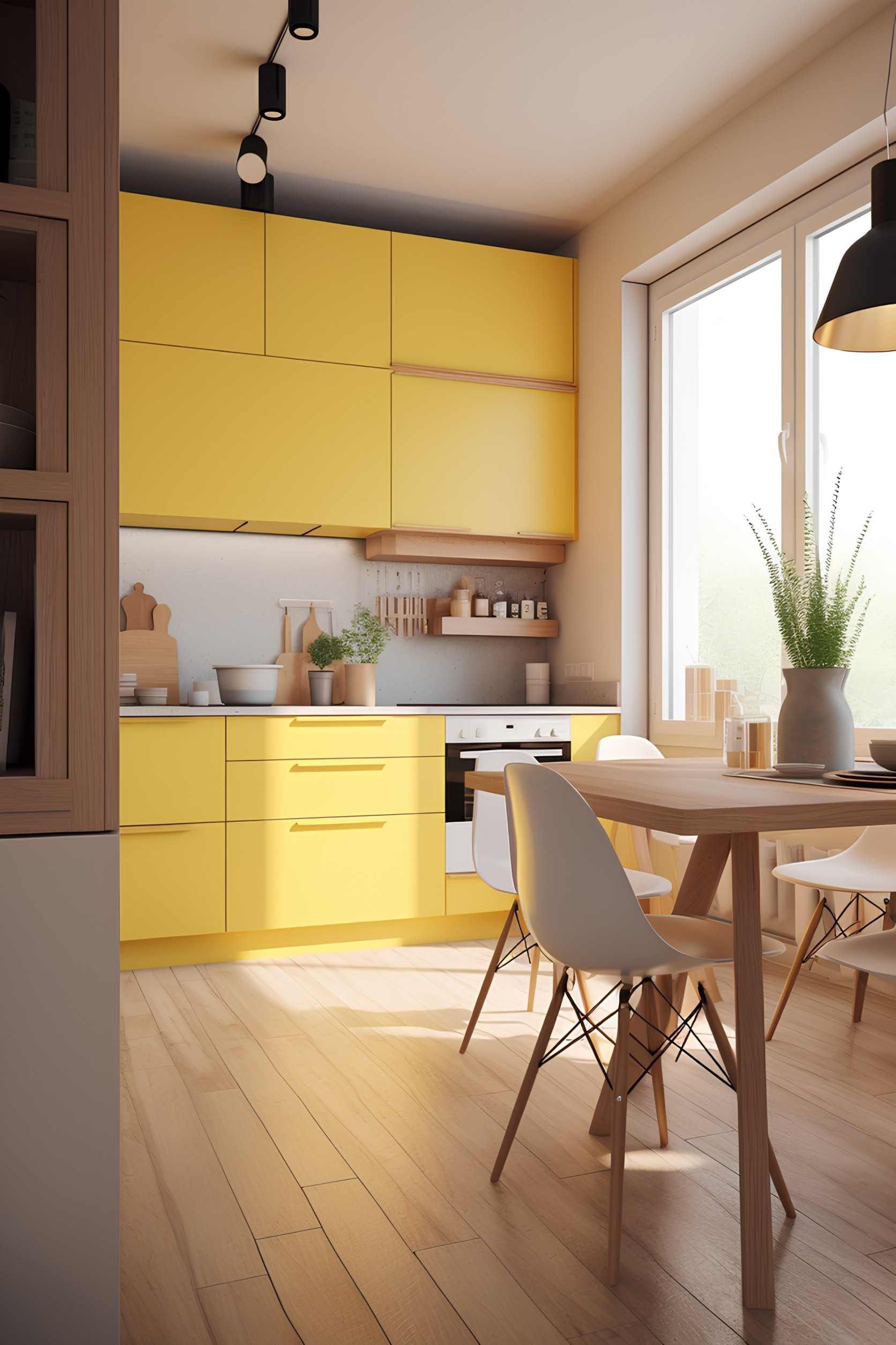 Una cocina con gabinetes amarillos y una mesa y sillas.