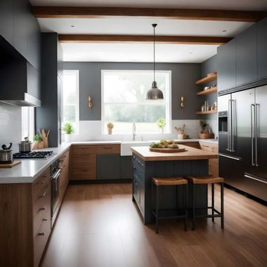 Una cocina con electrodomésticos de acero inoxidable y gabinetes de madera.