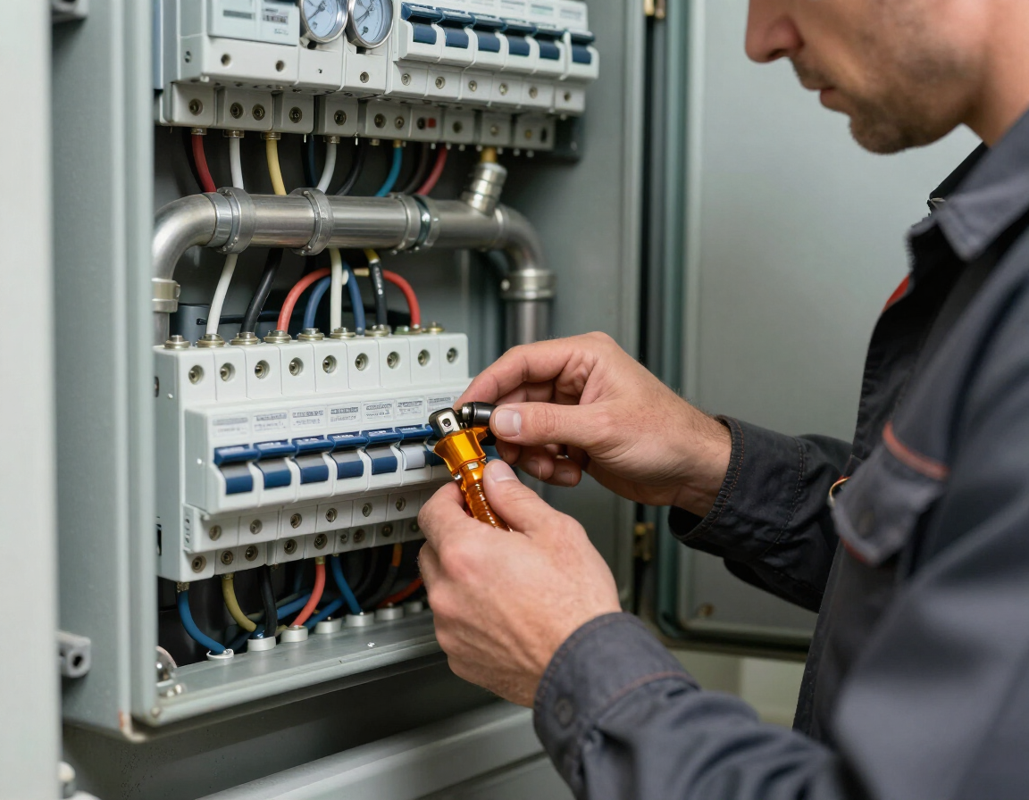 Electrician inspecting a fuse box