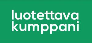 White “luotettava kumppani” text on a green background, like a logo or badge.