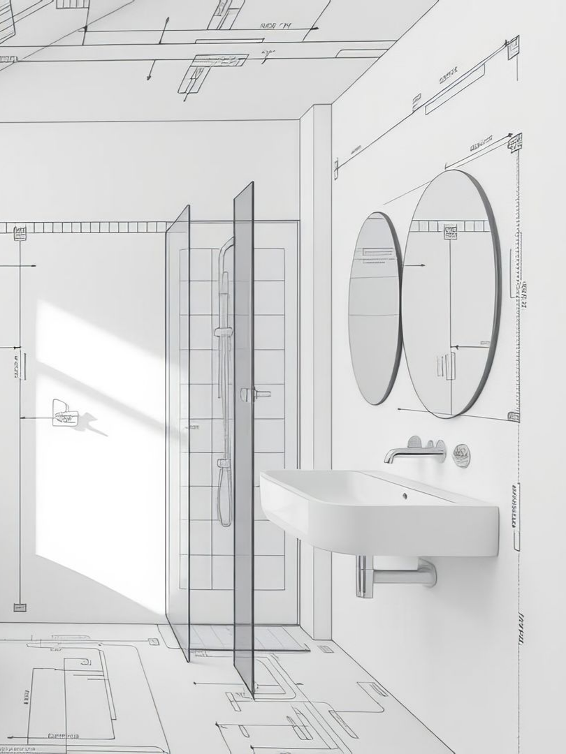 Schéma de dimensions pour l'aménagement d'une salle de bains.