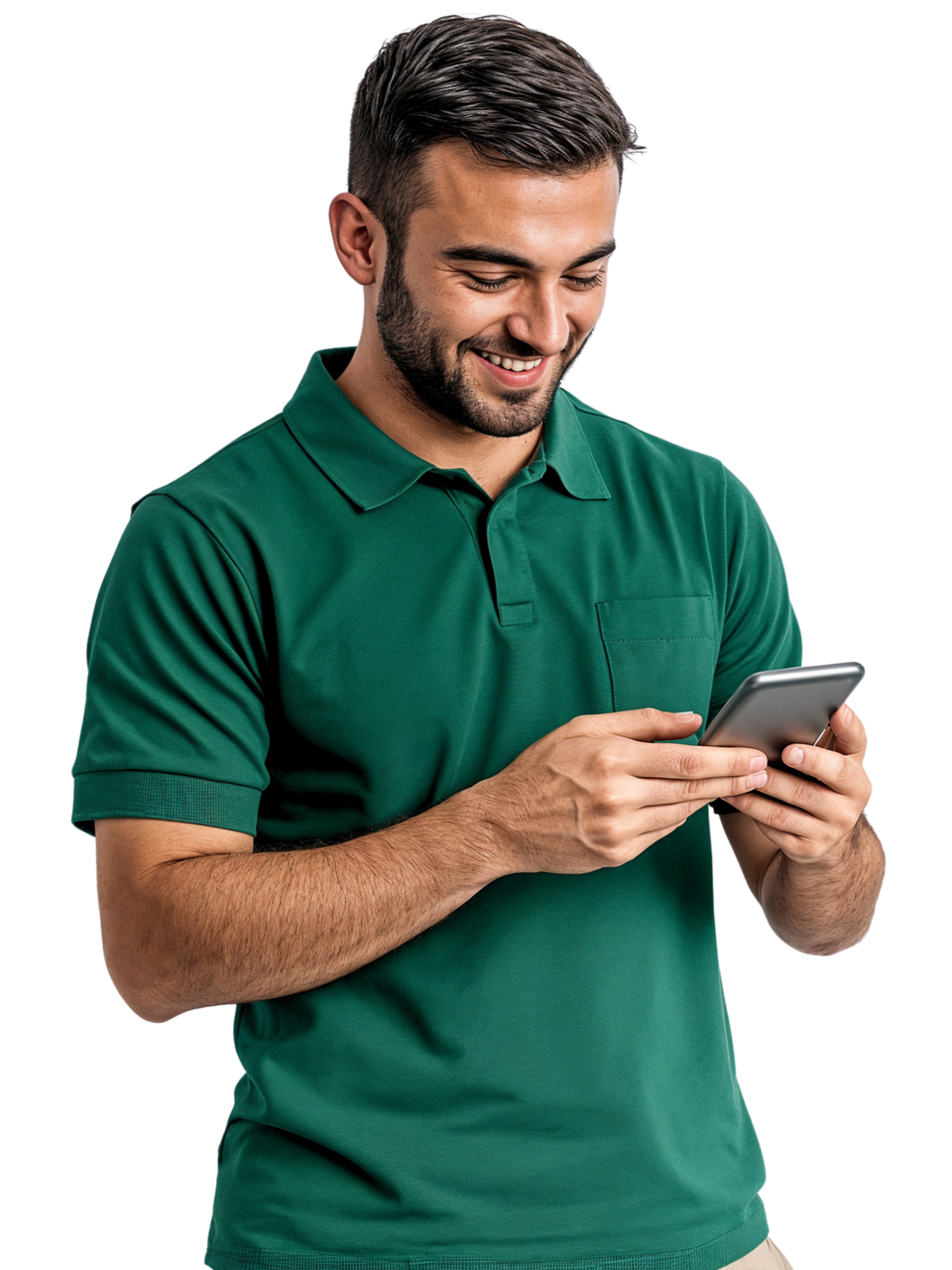 Un homme souriant vêtu d'un polo vert, qui regarde son téléphone.