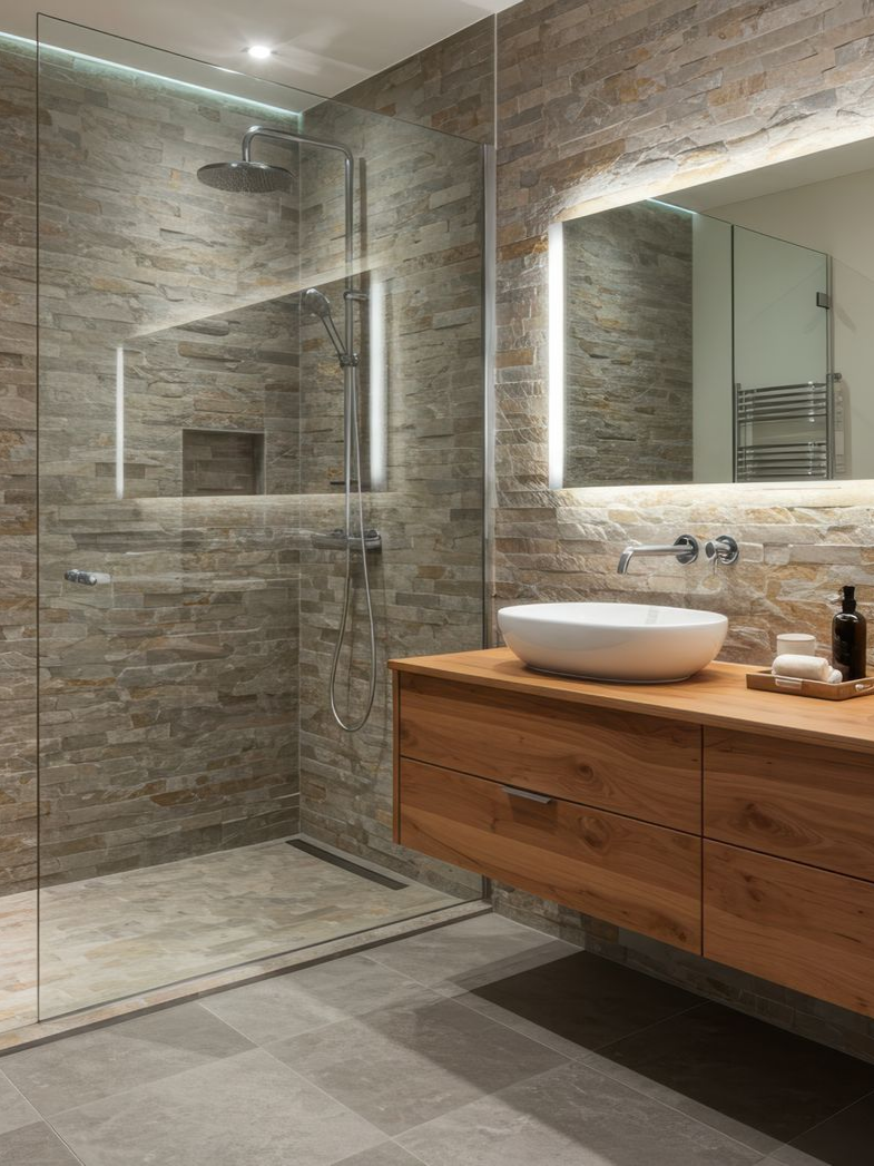 Salle de bains moderne avec douche en verre, meuble vasque en bois, murs en pierre et grand miroir éclairé.