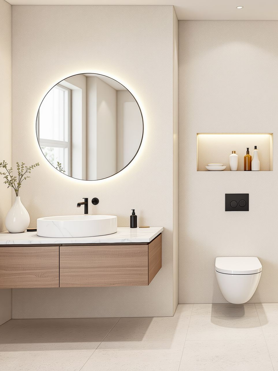 Salle de bains moderne avec miroir rond, meuble-vasque suspendu en bois, lavabo blanc et toilettes.