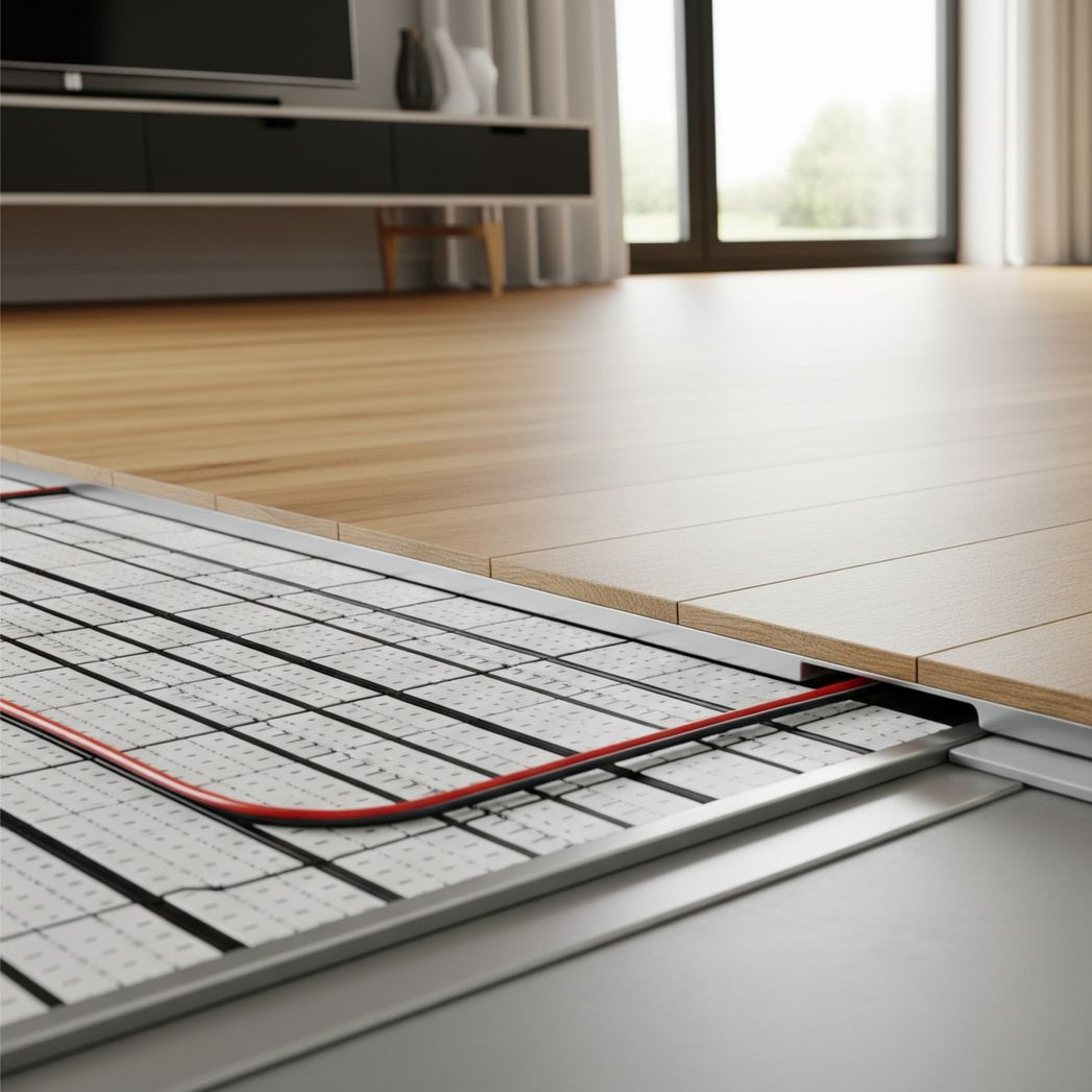 Découpe d'un plancher chauffant avec les serpentins en-dessous.