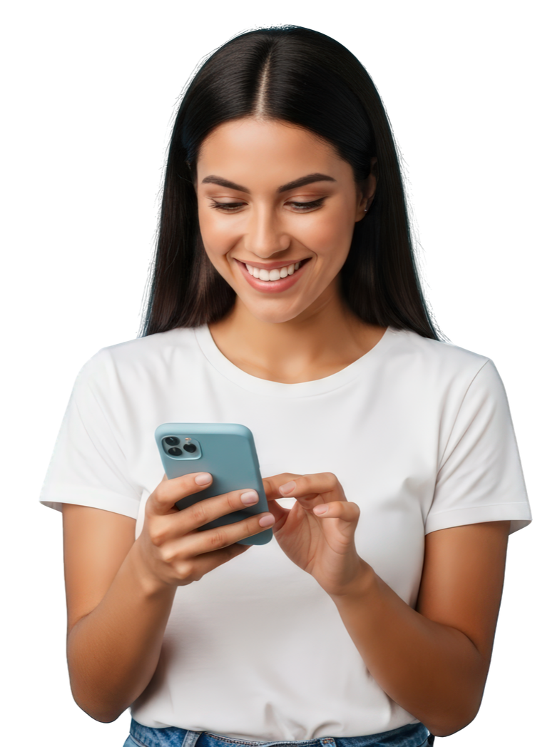 Femme souriante utilisant un smartphone turquoise.