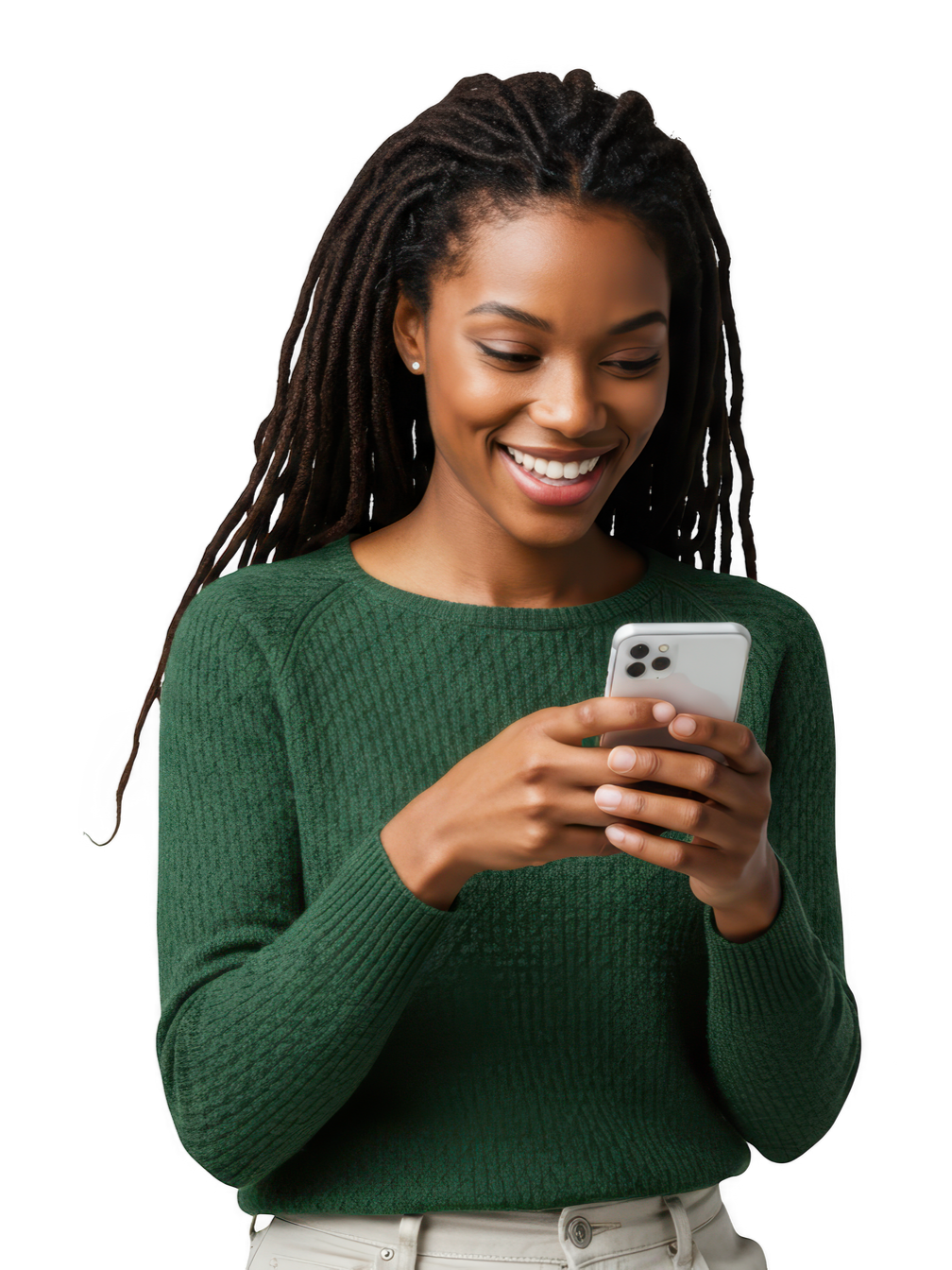 Femme souriante regardant un smartphone, vêtue d'un pull vert.