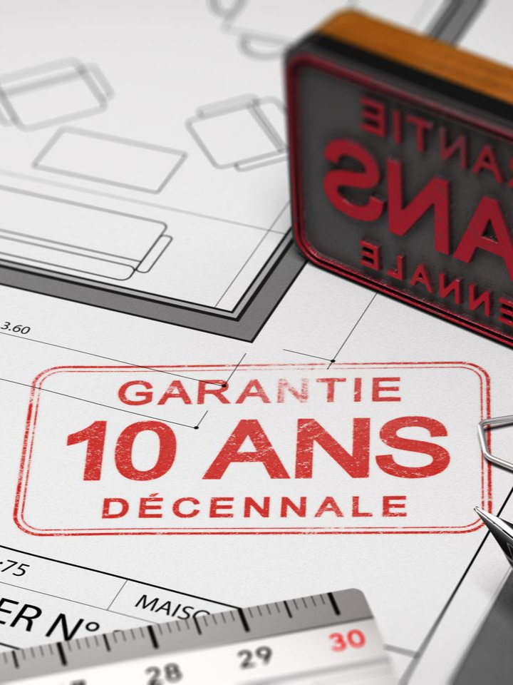 Tampon rouge sur un plan, portant la mention « GARANTIE 10 ANS DÉCENNALE ».