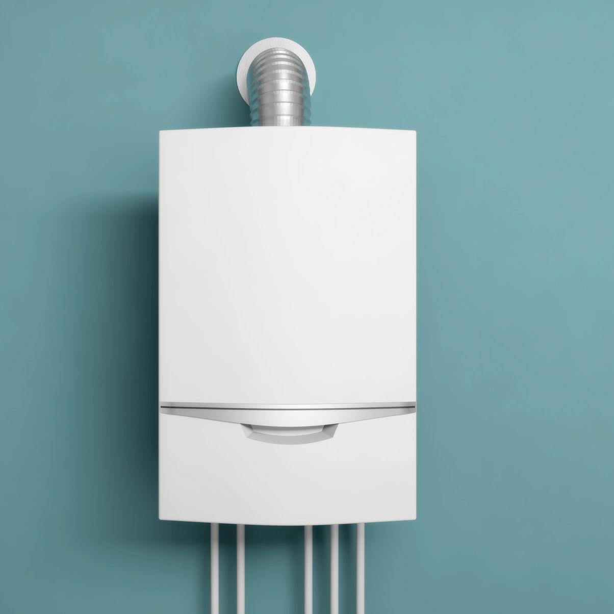 Chaudière à gaz sur un mur turquoise.