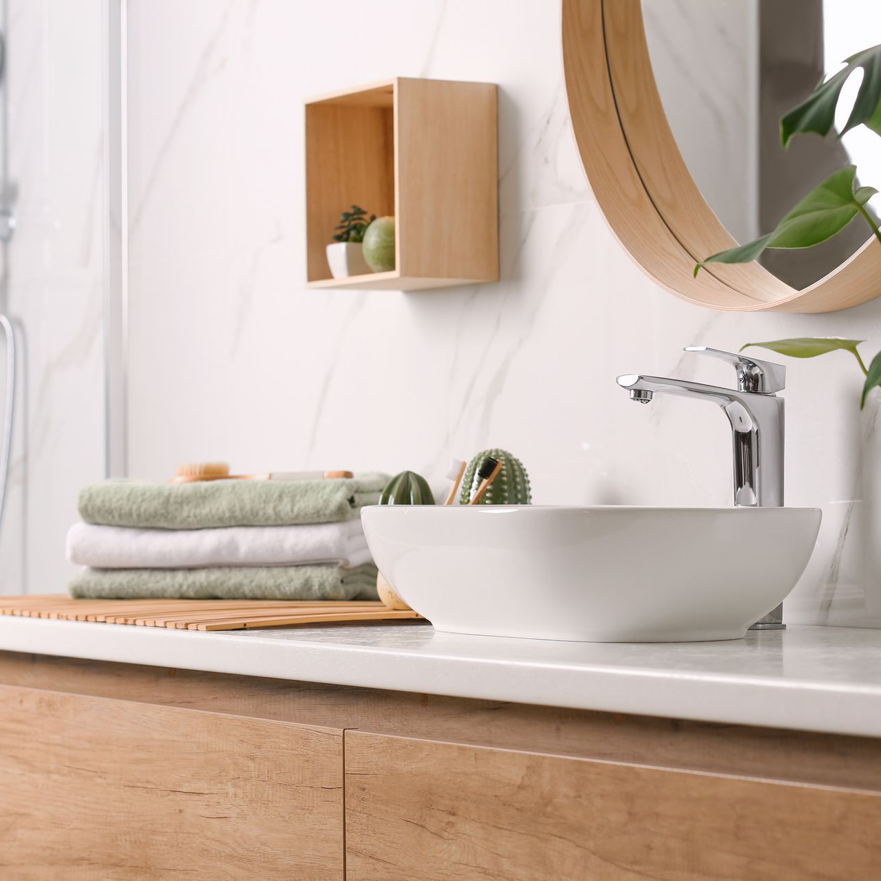 Salle de bains avec lavabo, serviettes, miroir, étagère décorative et meuble-vasque en bois.
