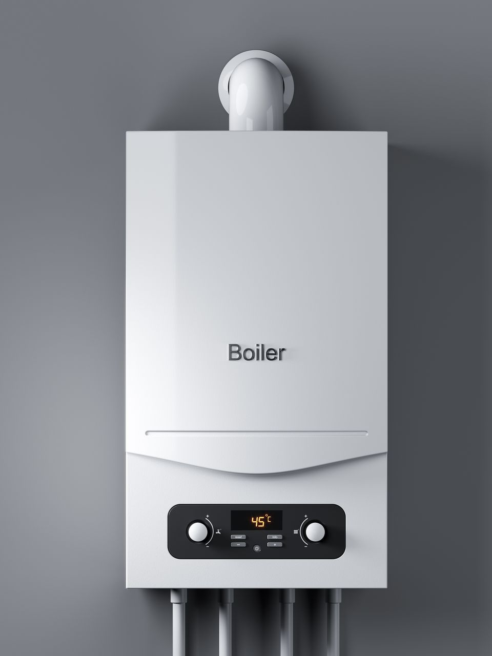 Chaudière blanche fixée sur un mur gris, avec tuyaux et conduit d'évacuation.