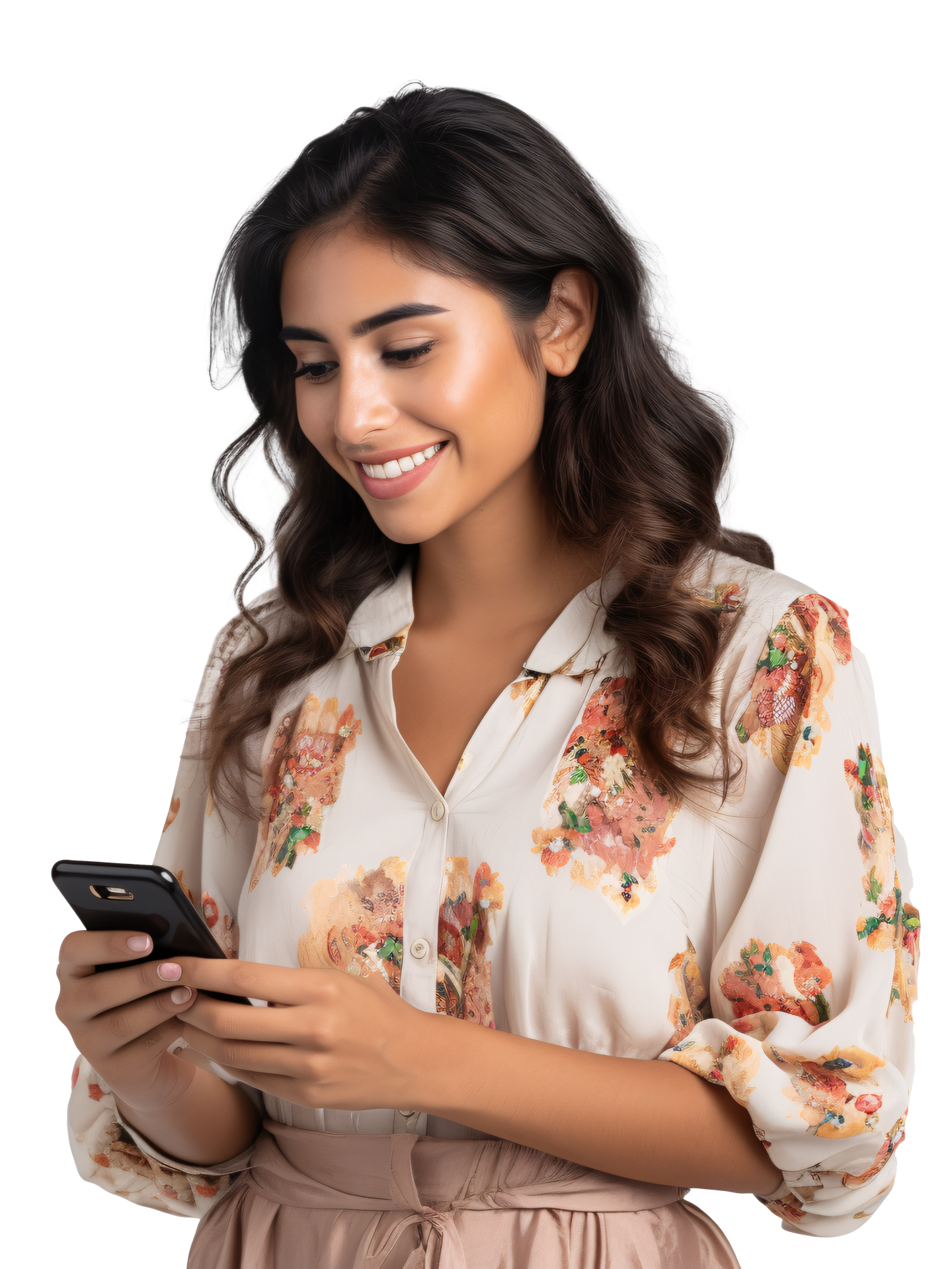 Une femme portant un haut à fleurs sourit en regardant son téléphone.
