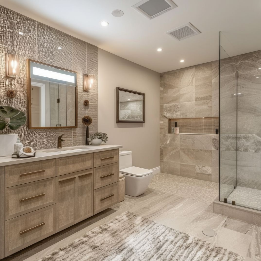 Salle de bains moderne avec meuble-vasque en bois, murs carrelés, douche et tapis.