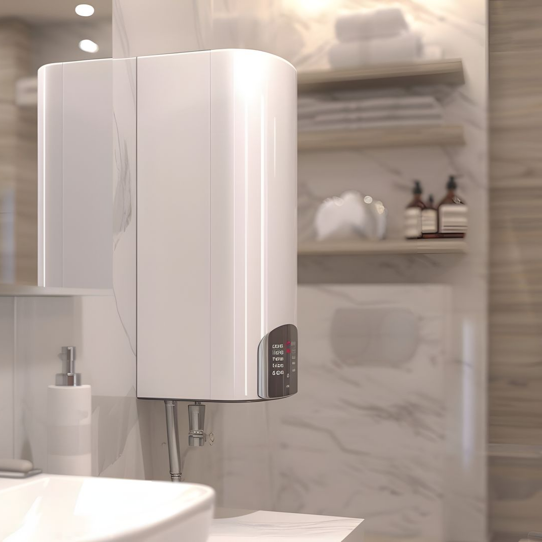 Chauffe-eau blanc fixé au mur d'une salle de bains.