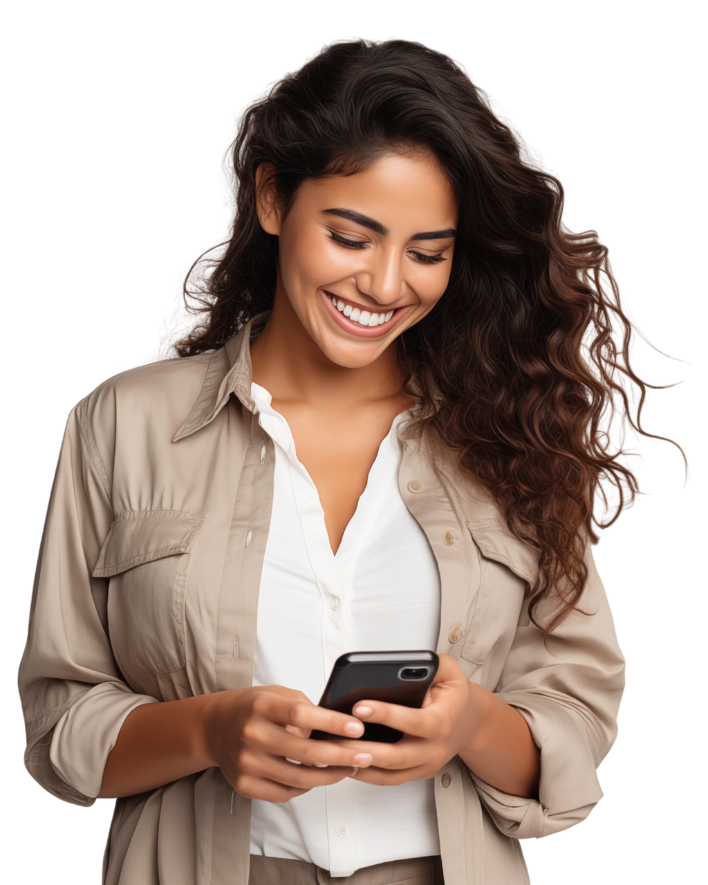 Femme souriante portant une veste beige qui consulte un smartphone.