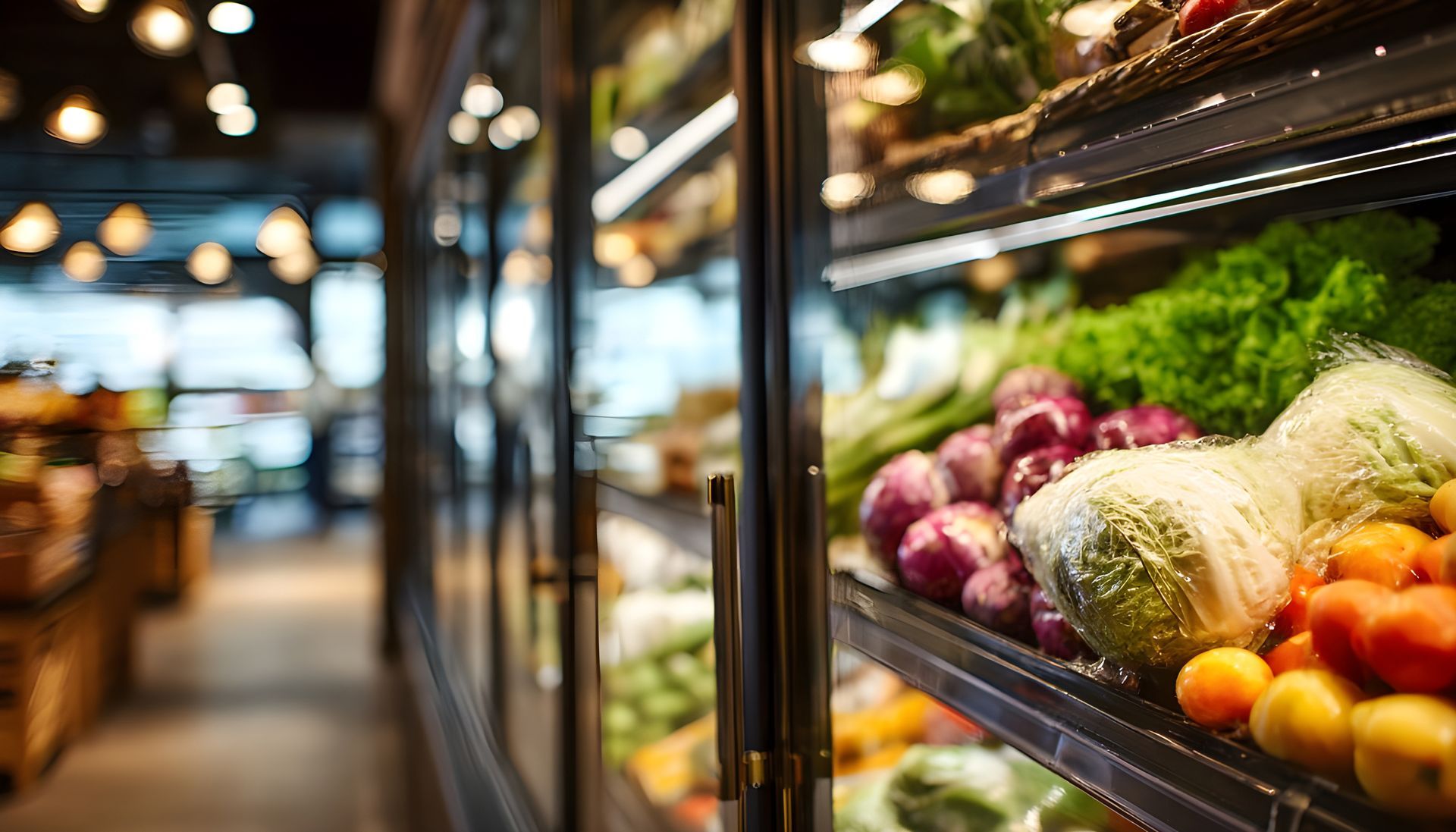 Vitrine de fruits et légumes remplie de produits frais dans une épicerie.
