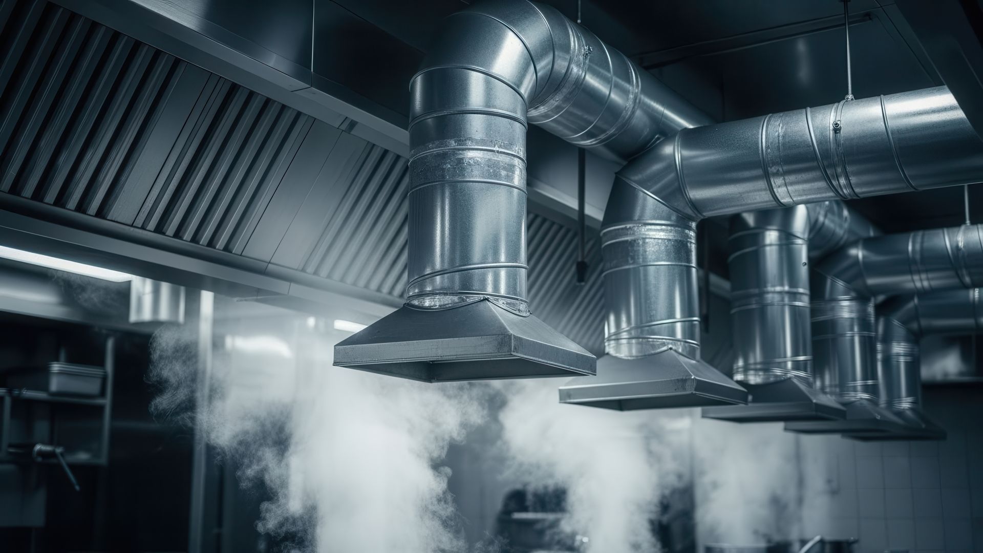 Hottes aspirantes de cuisines professionnelles, d'où s'échappe de la vapeur en volutes.