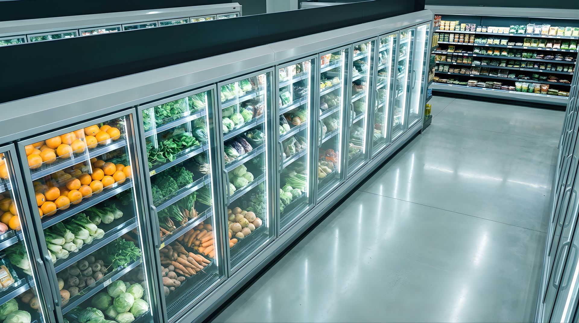 Rayon fruits et légumes d'un supermarché, avec des présentoirs réfrigérés. Un éclairage fluorescent met en valeur les fruits et légumes.