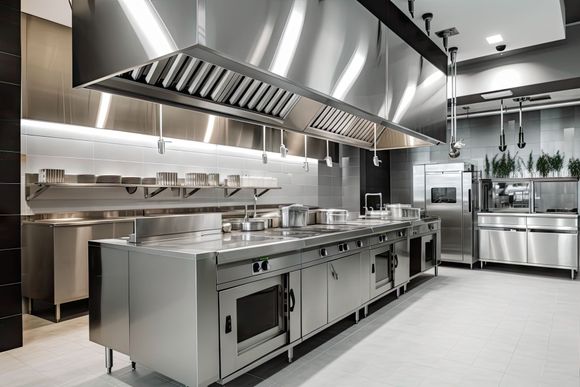 Cuisine professionnelle en acier inoxydable avec équipements de cuisson et système de ventilation par le haut.