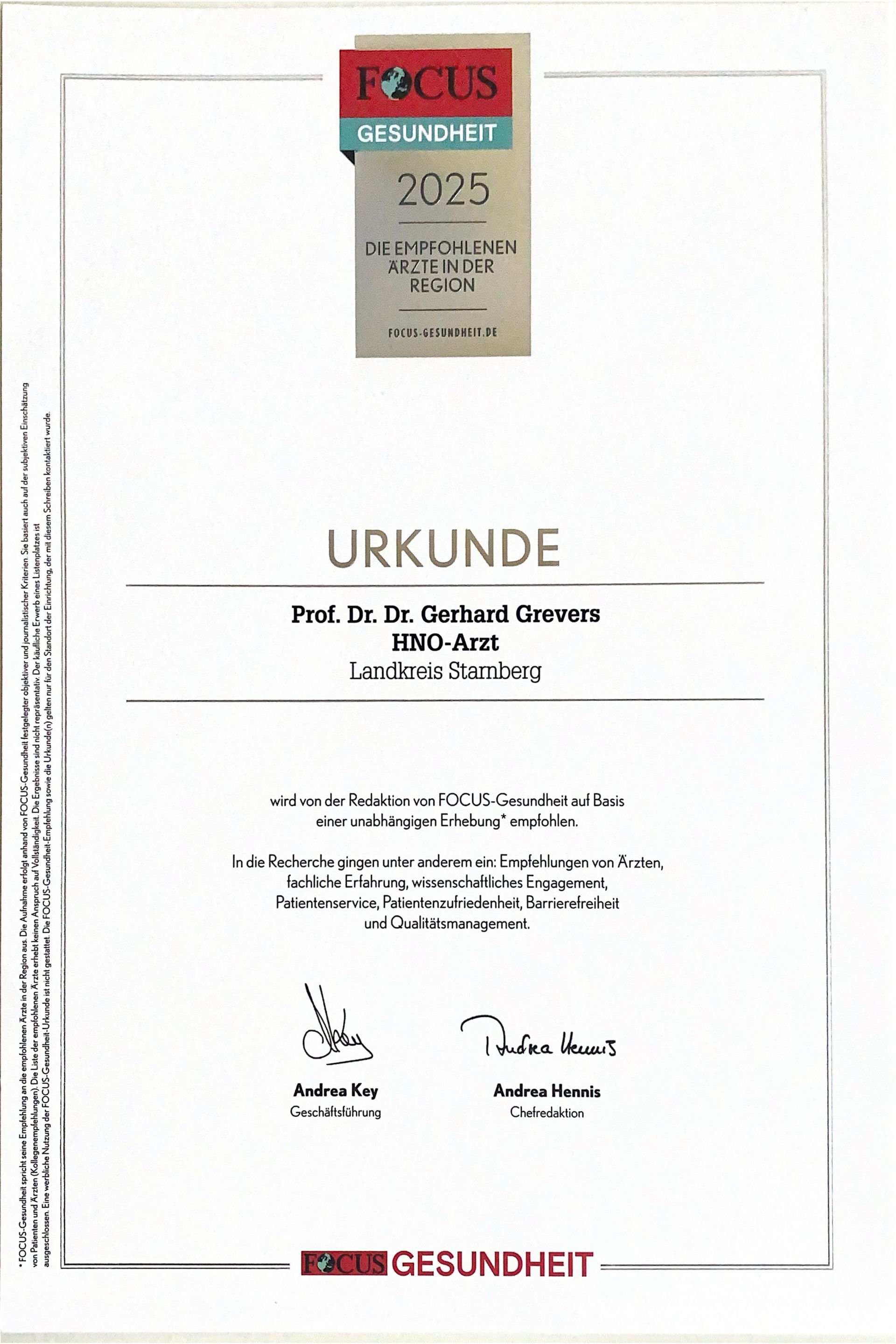 FOCUS-Urkunde Prof. Grevers