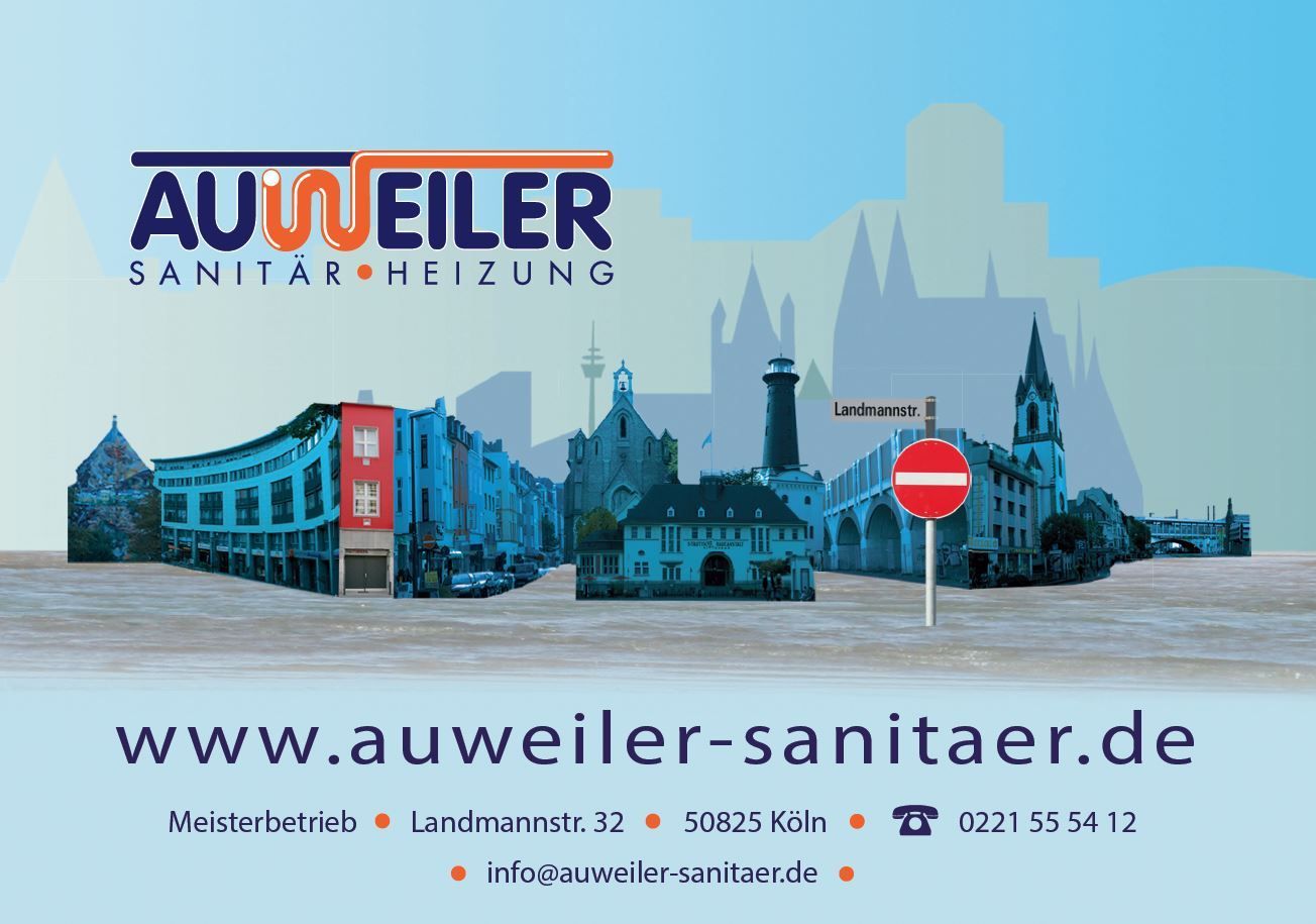 Eine Werbung für Auweiler Sanitär Heizung zeigt eine Skyline der Stadt