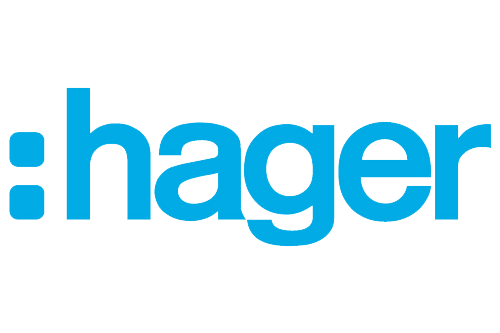 Das Hager-Logo ist blau und weiß auf weißem Hintergrund.