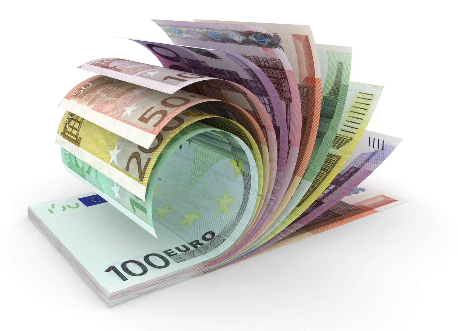 Une liasse de billets d'euro de plusieurs couleurs.