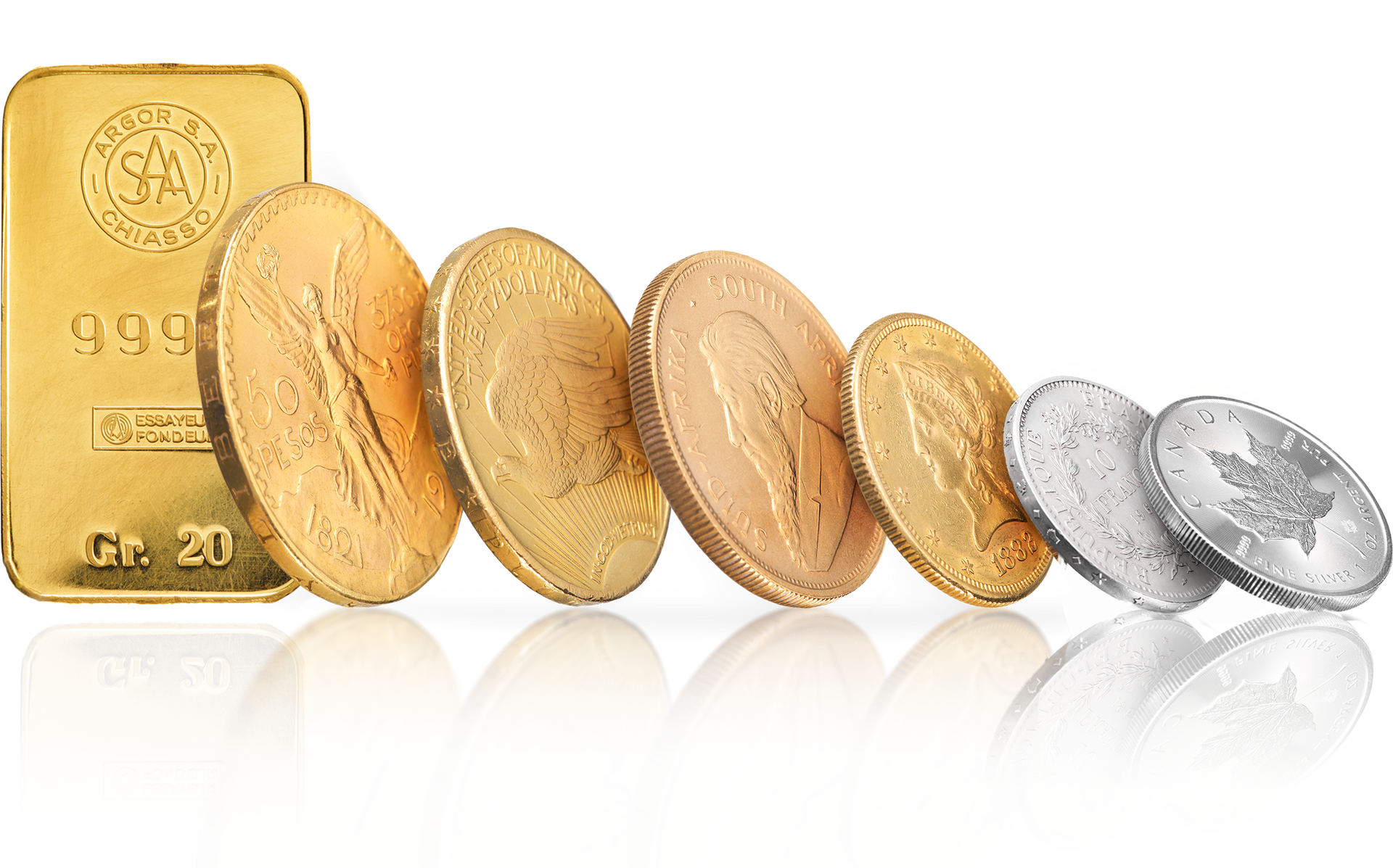 Alignement d'un lingot et de pièces en or et argent.