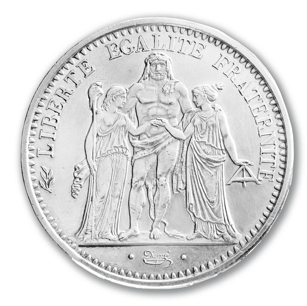 L'arrière d'une pièce en argent avec les mots Liberté Égalité Fraternité.