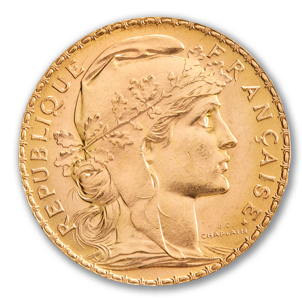 Une pièce en or avec le profil d'un homme dessus.
