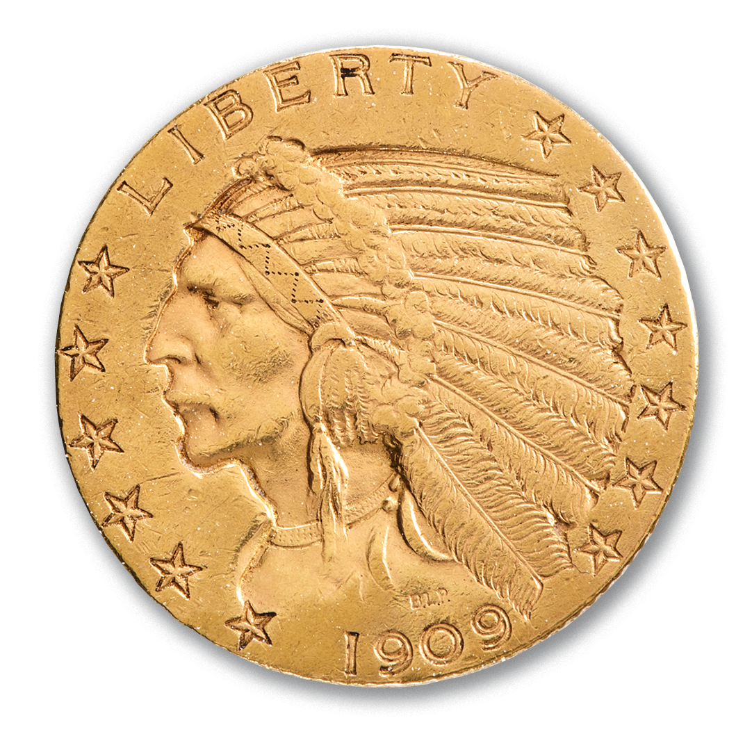 Une pièce en or avec un chef indien dessus.