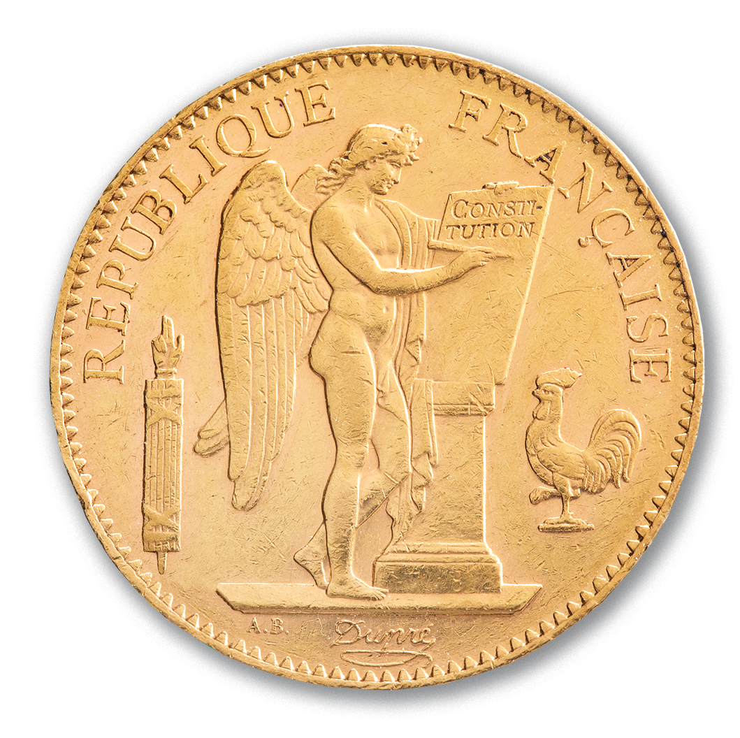 Une pièce en or avec un archange écrivant la constitution.