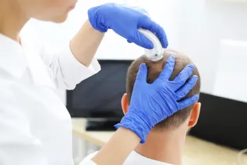 Persona que recibe tratamiento en el cuero cabelludo por parte de un proveedor de atención médica que usa guantes azules.