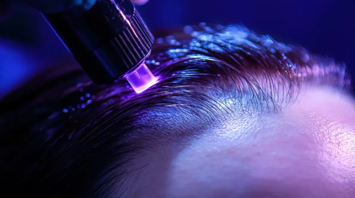 Luz violeta emitida por un dispositivo que toca el cuero cabelludo de una persona.