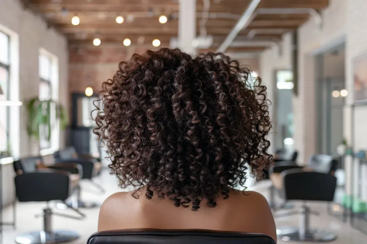 Una mujer con cabello oscuro y rizado se sienta en una peluquería.