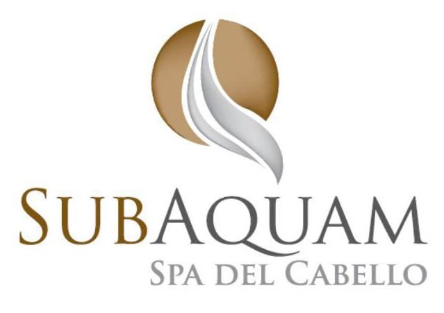 Logotipo: &ldquo;Subaquam Spa Del Cabello&rdquo; con emblema circular que presenta mechones de cabello estilizados.