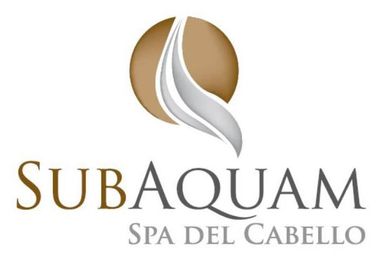 Logotipo: “Subaquam Spa Del Cabello” con emblema circular que presenta mechones de cabello estilizados.