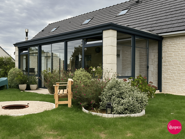 Terrasse arrière avec parois vitrées, verdure et foyer extérieur. Maison au toit gris et aux murs en pierre claire.