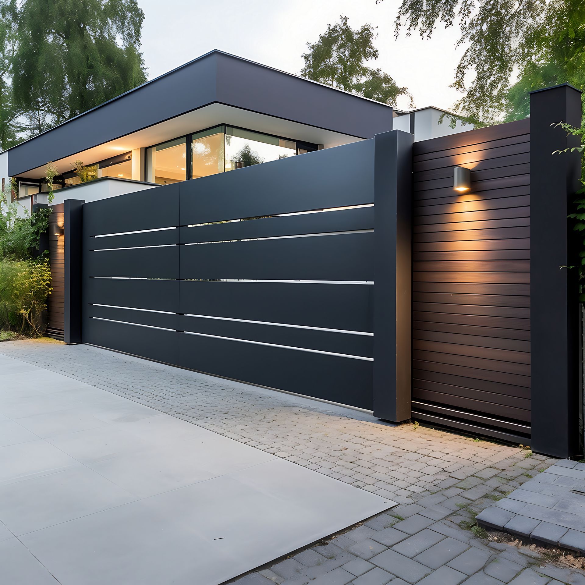 Portail coulissant et cour pavée