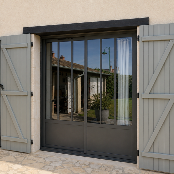 Vue extérieure d'une porte coulissante en verre à cadre gris, reflétant une maison et un ciel bleu.
